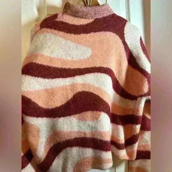 Zara Bloggers Pink Burgundy Jacquard Wave Mock Neck Sweater Medium Maximalist - Picture 6 of 9